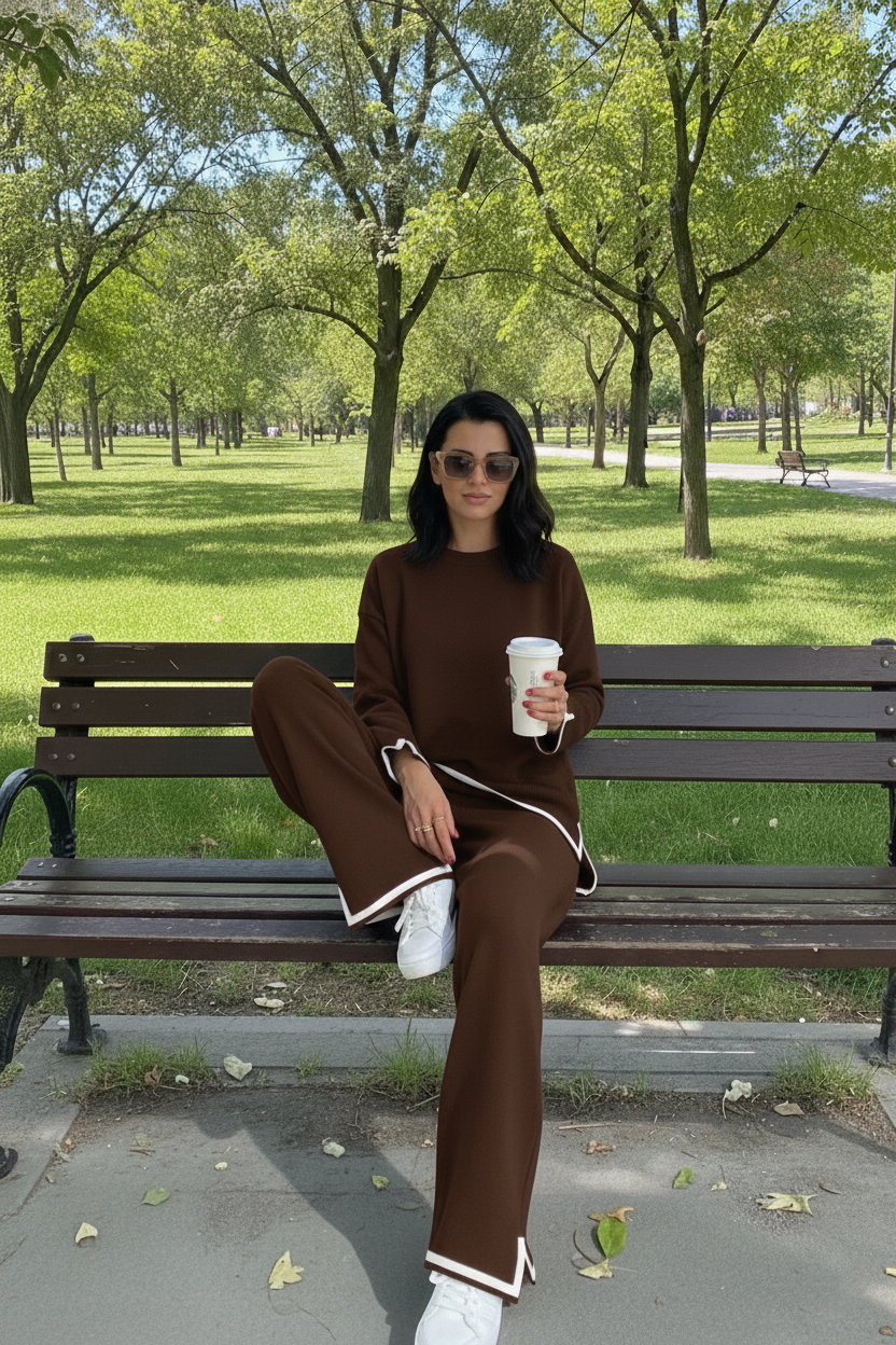 Yırtmaç Detaylı Triko 2li Takım Acı Kahve - Standart