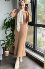 Yarım Balıkçı Triko Elbise Bej