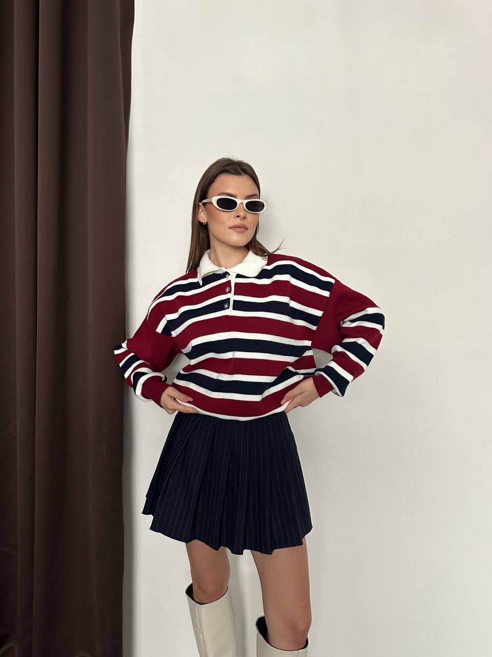 Çizgi Detaylı Düğme Yaka Triko Kazak