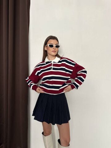 Çizgi Detaylı Düğme Yaka Triko Kazak