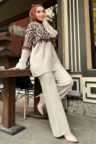 Fırfırlı Triko Tunik Pantolon Ikili Takım