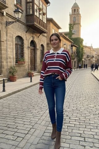 Polo Yaka Çizgili Önü Düğmeli Kazak