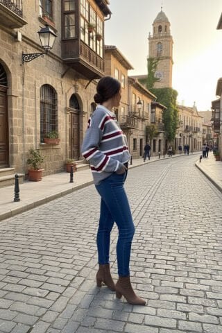 Polo Yaka Çizgili Önü Düğmeli Kazak