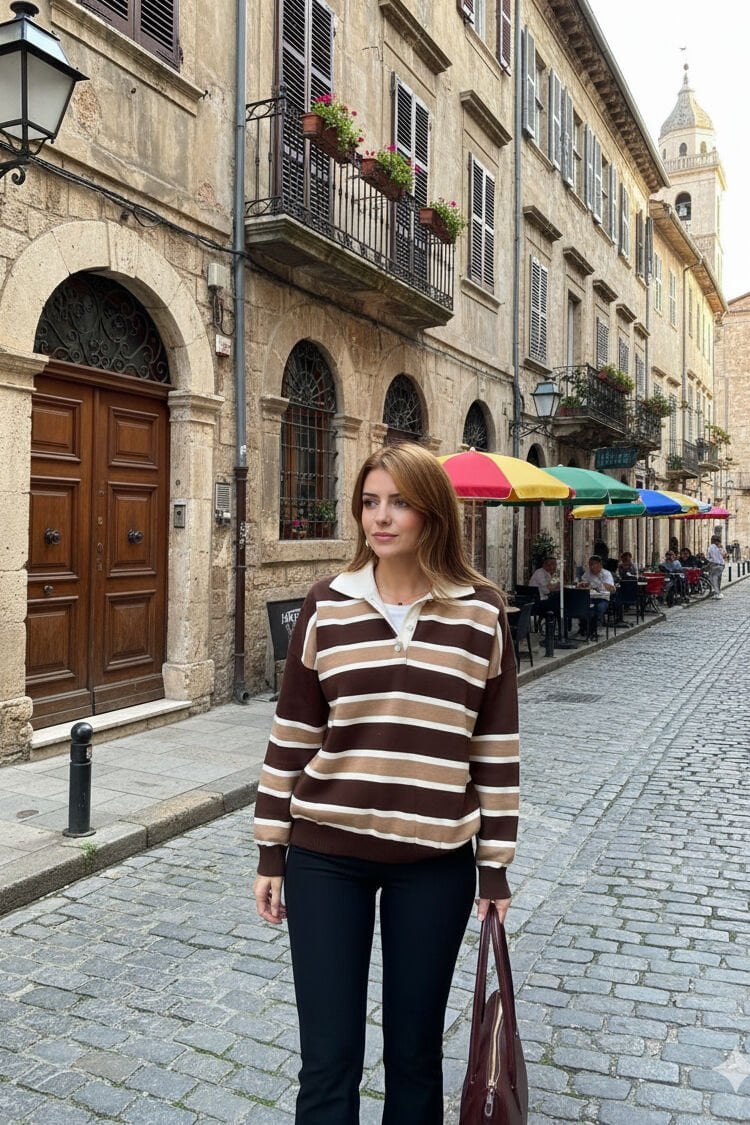 Polo Yaka Çizgili Önü Düğmeli Kazak