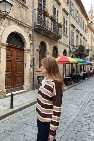 Polo Yaka Çizgili Önü Düğmeli Kazak