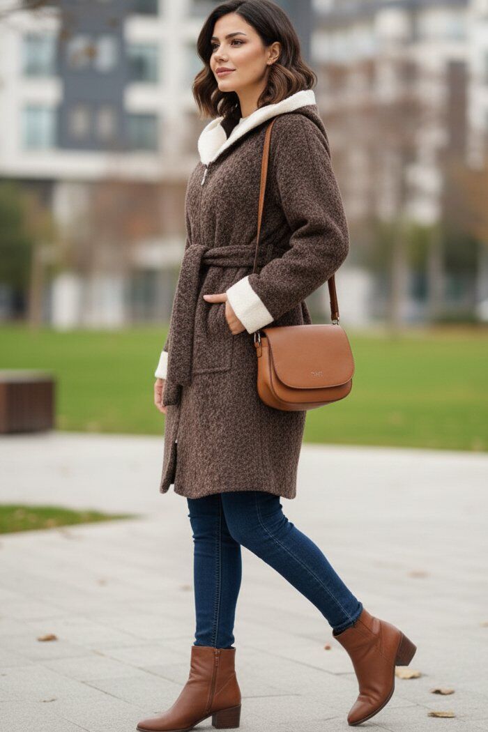 Fermuarlı Garnili Çift Cep Kemerli Kaşe Kap