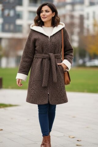 Fermuarlı Garnili Çift Cep Kemerli Kaşe Kap