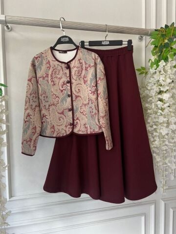 Etnik Desenli Şık Dalgıç Kumaş Ceket & Etek İkili Takım