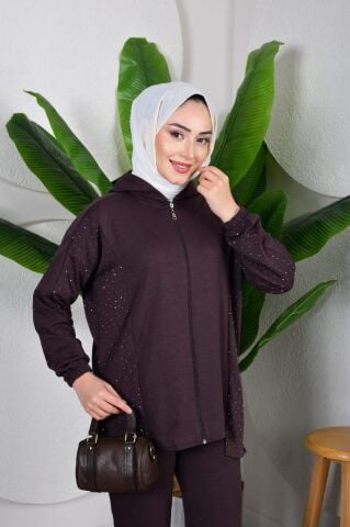 Kapüşonlu ve Fermuarlı Yanları Taş Detaylı İkili Takım