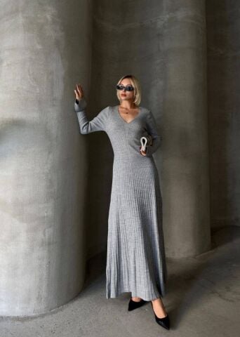 V Yaka Uzun Kollu Fitilli Triko Elbise