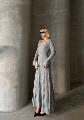 V Yaka Uzun Kollu Fitilli Triko Elbise