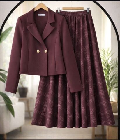 İthal Dalgıç Kumaş Kareli Etek & Kruvaze Ceket Takımı