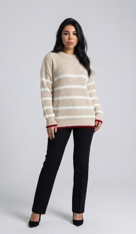 Bisiklet Yaka Kontrast Şeritli Çizgili Triko Kazak