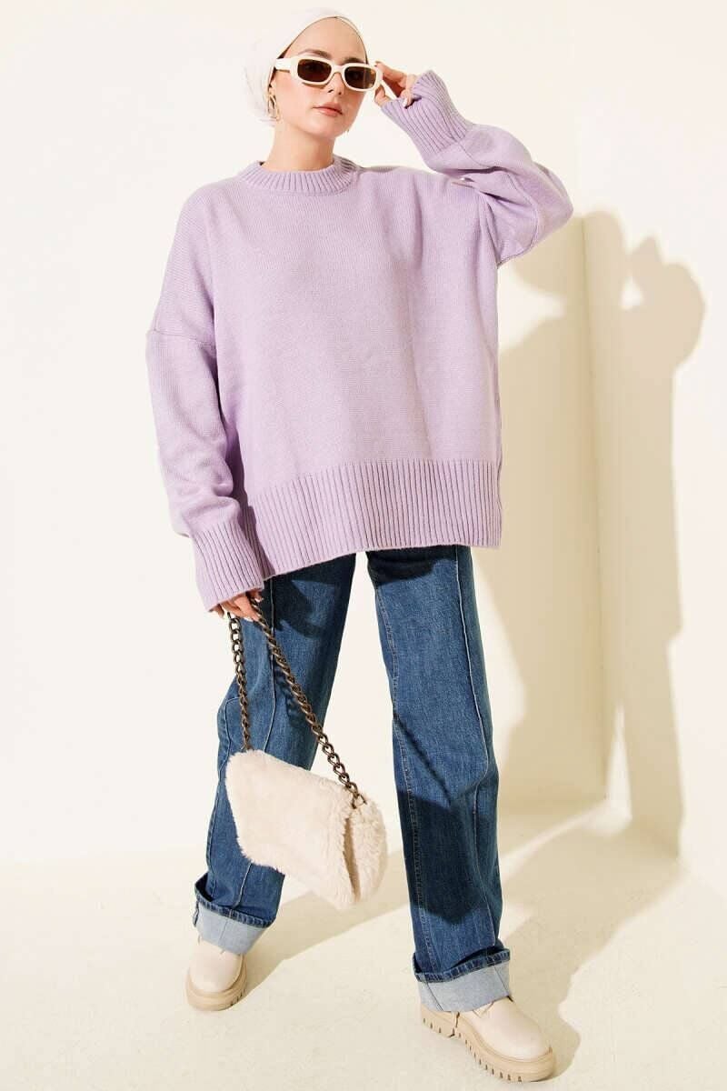 Yuvarlak Yaka Basic Oversize Triko Kazak Lila - Standart
