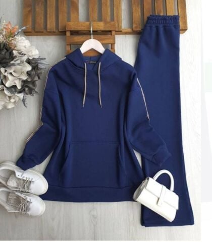 Kapüşonlu Şerit Detaylı Şardonlu Üç İplik İkili Takım