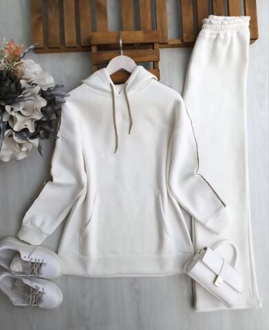 Kapüşonlu Şerit Detaylı Şardonlu Üç İplik İkili Takım