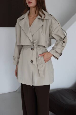 V Yaka Kuşaklı Modern Kesim Bondit Trençkot