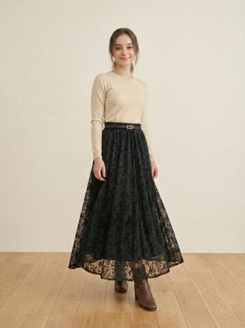 Çiçek Desenli Tül Etek