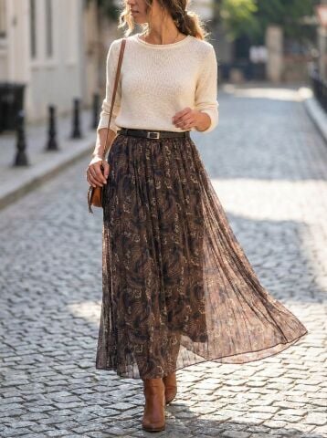 Etnik Şal Desenli Şifon Maxi Etek