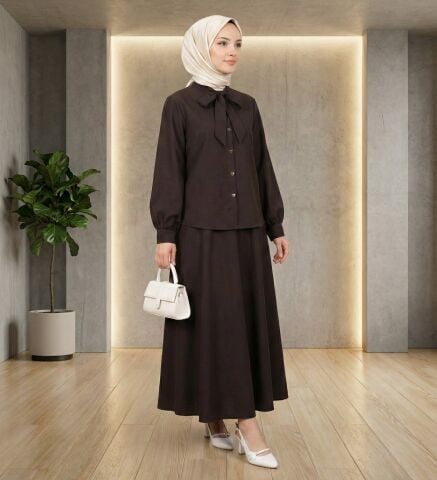 Papiyon Bağlamalı Düğmeli İkili Takım - Etek & Gömlek Set