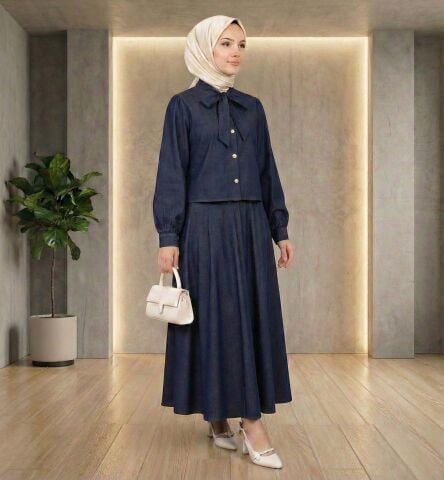 Papiyon Bağlamalı Düğmeli İkili Takım - Etek & Gömlek Set